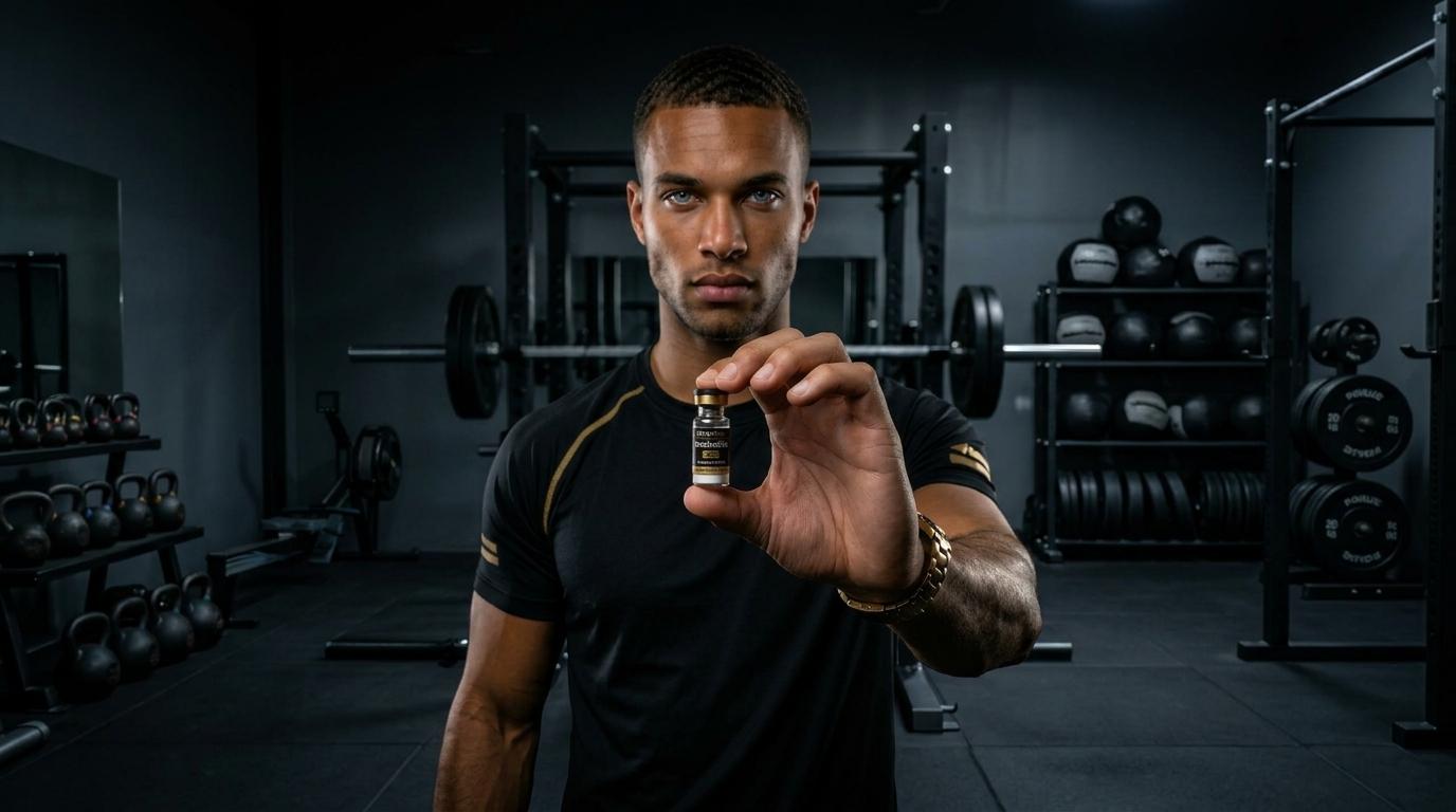 Bodybuilder examining a vial while researching Binary Labs steroids and product quality